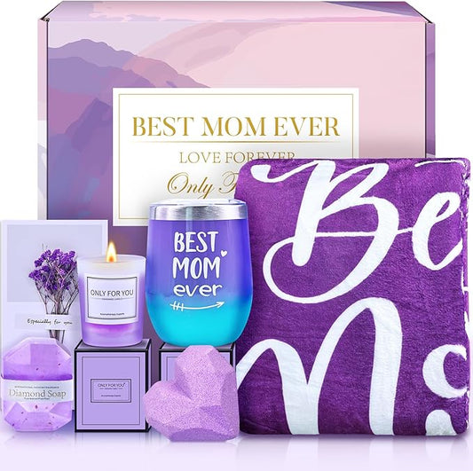 Birthday Gifts for Mom, Christmas Thanksgiving Day Basket for Moms from Daughter Son, Lavender Relaxation Spa Gift Basket Sets with Purple Blanket, Best Mom Ever Blanket Presents 50"x60" Purple