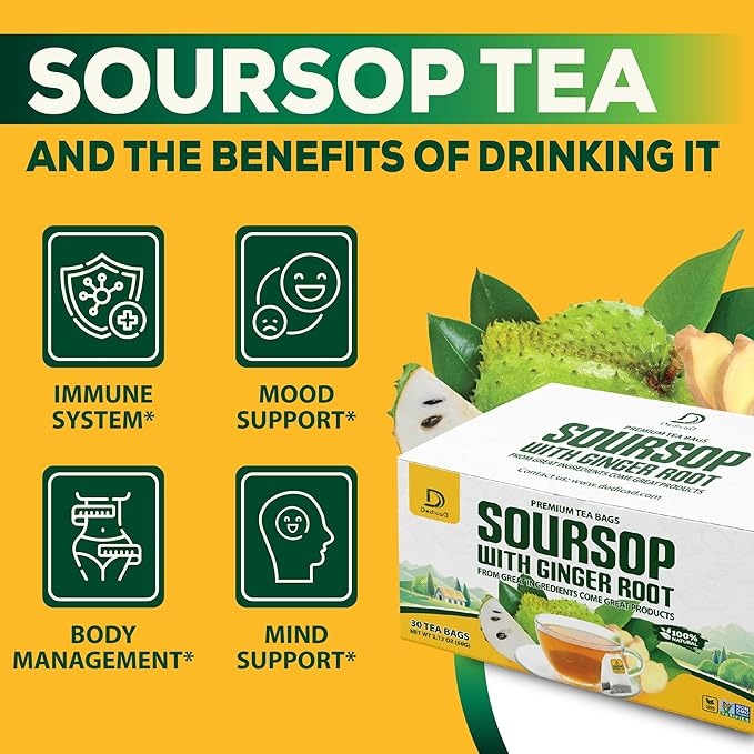 DEDICAD Soursop Leaves Tea Bags with Ginger, 30 Tea bags, 2gr/bag - Non-GMO/Caffeine free - Support Digestion, Well Skin, Immune System