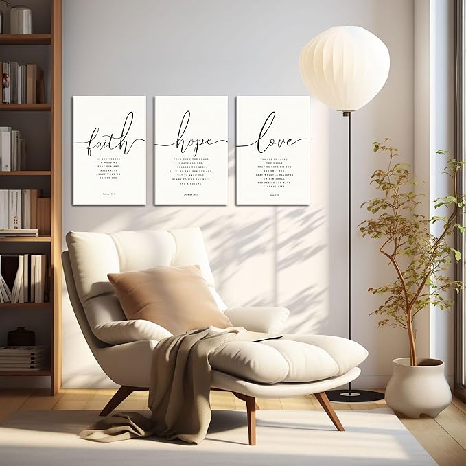Farmhouse Bible Verses Wall Decor for Living Room - Minimalist Christian Scripture Wall Art Set of 3, Faith Hope Love Canvas Prints Religious Decor for Bedroom Office 16x24 inch Framed