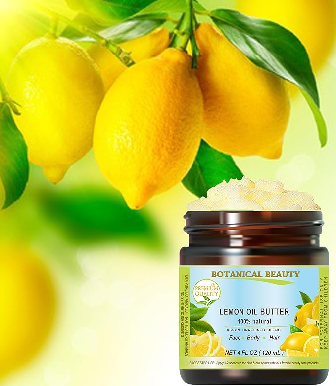 Botanical Beauty LEMON OIL BUTTER 100% Natural Pure VIRGIN UNREFINED RAW Cold Pressed. Lemon essential Oil, Shea Nut Butter Butyrospermum Parkii for Face, Skin, Body, Hair, Nails (8 Fl Oz)