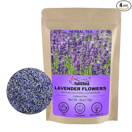 FullChea - Natural Dried Lavender Flowers - 4oz/114g - Premium Food Grade Lavender Buds - Non-GMO - Caffeine-free - Perfect for Tea, Lemonade, Baking, Baths