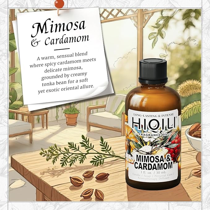 HIQILI Mimosa & Cardamom Fragrance Oil for Candle & Soap Making,Ideal for Essential Oil Diffuser, DIY Perfume, Room Sprays - 1 Fl Oz