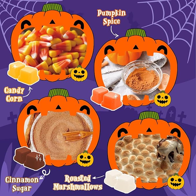 Halloween Scented Wax Melts, 8 Pack Soy Wax Cubes for Wax Warmer, Strong Fragrance Tarts - Candy Corn, Spice Cider, Cinnamon Sugar, Roasted Marshmallows and More, Candle Wax Melts Gift Set