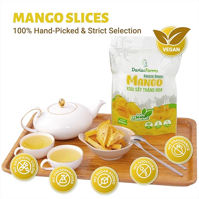 DARLAC FARMS Freeze Dried Mango Slices, Pack 1, No Sugar Added, Healthy Fruit Snacks for Kids, Adults & All Ages, Premium Organic Crispy Crunchy Snacks, Tea, Baking, Smoothie, Yogurt, 2 Oz