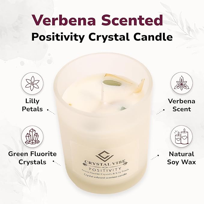 Crystal Vibe Verbena Scented Candle with Green Fluorite Crystals and Lily Petals for Home Decor - Crystal Candle for Positivity - Aromatherapy Candles - Gifts for Christams Birthdays