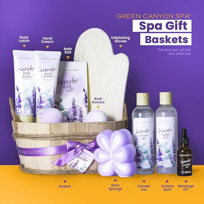 Green Canyon Spa Gift Baskets for Women 11pcs Lavender Bath Gift Sets with Body Lotion,Essential Oil,Spa Gifts for Women,Mothers Day Gift Sets for Her,Bath Sets for Her Gifts
