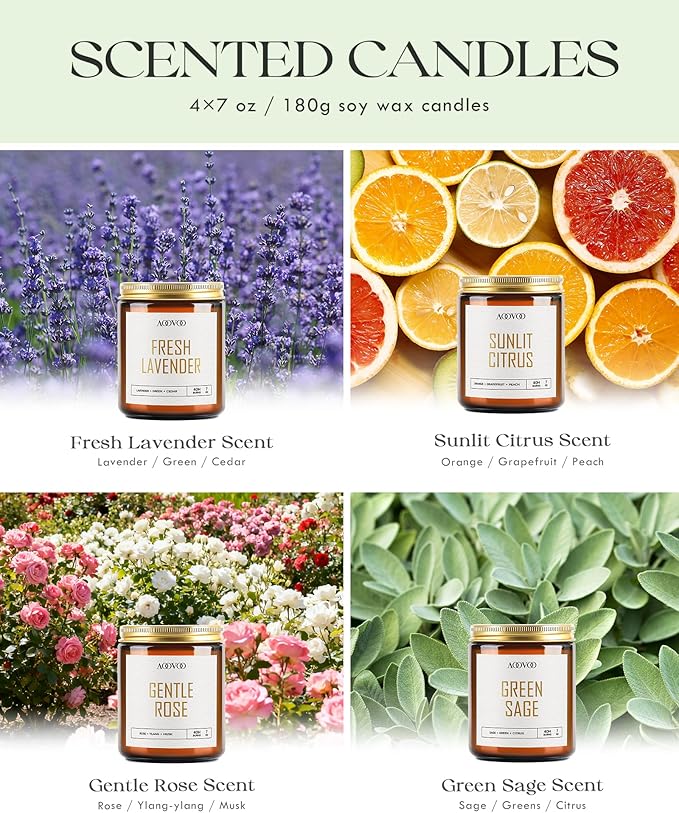 AOOVOO Candle Set - 4PC Scented Candles, 28 oz Soy Candles, Soy Candle for Home Scented, Lavender/Citrus/Rose/Sage