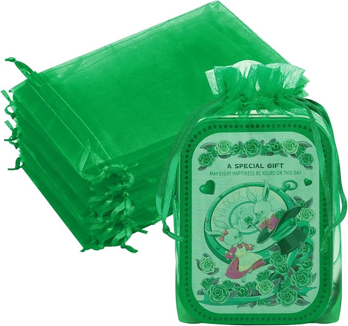 50 Pcs 6x9 Inch Organza Gift Bags, Mesh Bags Drawstring Pouch for Christmas Gift Party Favor (Christmas Green)