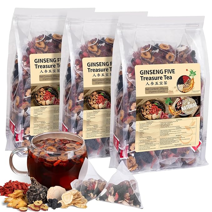 Ginseng Five Treasures Kidney Tea, Traditional Chinese Herbal TeaBags, Natural Organic Kidney Cleanse Detox Tea for Women & Men, 7 Precious Ingredients Formula(3 Pack/75 Bags)