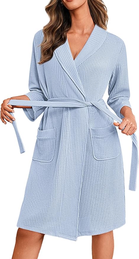 Ekouaer Robes for Women Waffle Knit Bathrobe Lightweight Kimono Robe Knee Length Loungewear with Pockets