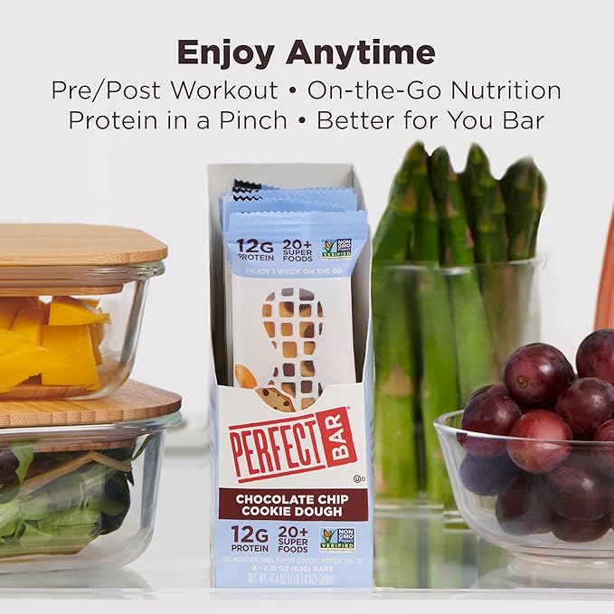 Perfect Bar, Chocolate Chip Cookie Dough Protein Bar, Sports Nutrition Protein Bars, Gluten Free Protein Bars, Soy Free Protein Bars, Non GMO, No Sugar Alcohols, 2.2 Ounce Bar, 24 Count