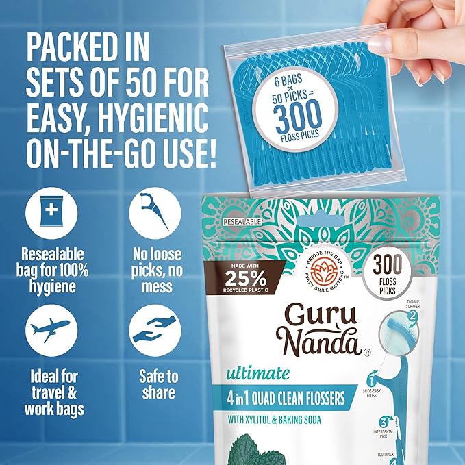GuruNanda Quad Clean Floss Picks 4-in-1 with Tongue Scraper, Interdental Pik & Toothpick, Non-Shred Dyneema Thread, with Xylitol & Baking Soda, 300 ct
