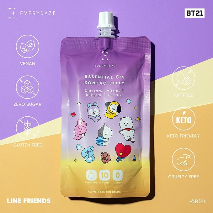 EVERYDAZE BT21 Essential C’s Konjac Jelly | Korean Pear | Vegan Collagen Peptides and Vitamin C | Gluten Free, Sugar Free, Low Calorie | Healthy Drinkable Fruit Snack | 10 Pack Box Food Drink Pouch