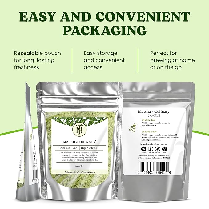 Nelson's Tea Organic Matcha Powder – Premium Culinary Grade Green Tea for Lattes, Smoothies & Cooking – Versatile, Antioxidant-Rich Powder Ideal for Healthy Recipes, Baking & Beverages – (Sample 1 Oz)