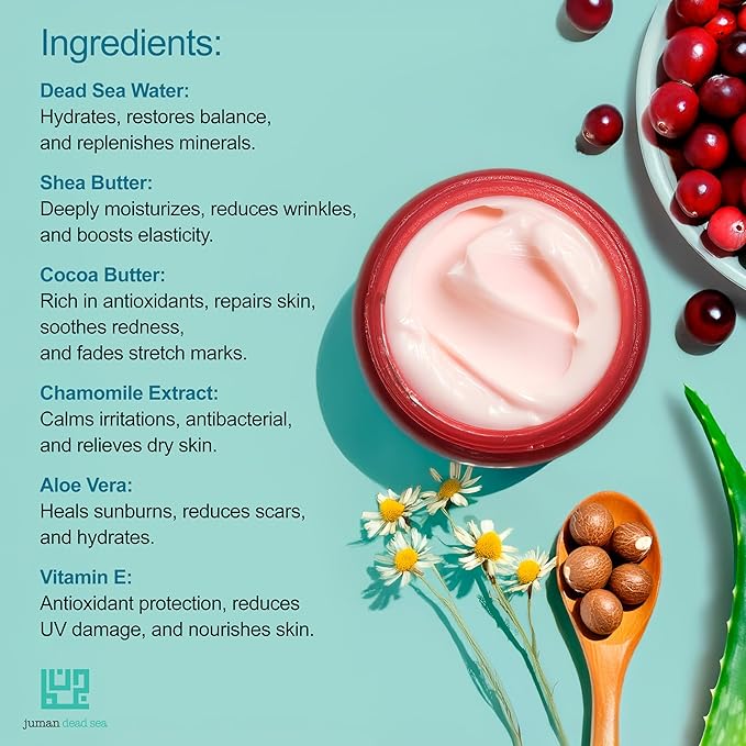 JUMAN Dead Sea Minerals Body Moisturizer | Made with Active Natural Ingredients | Free from Harmful Ingredients | Plant Rich Hydrating Moisturizer with Shea & Cocoa Butter | Cranberry Scent | 7.1oz