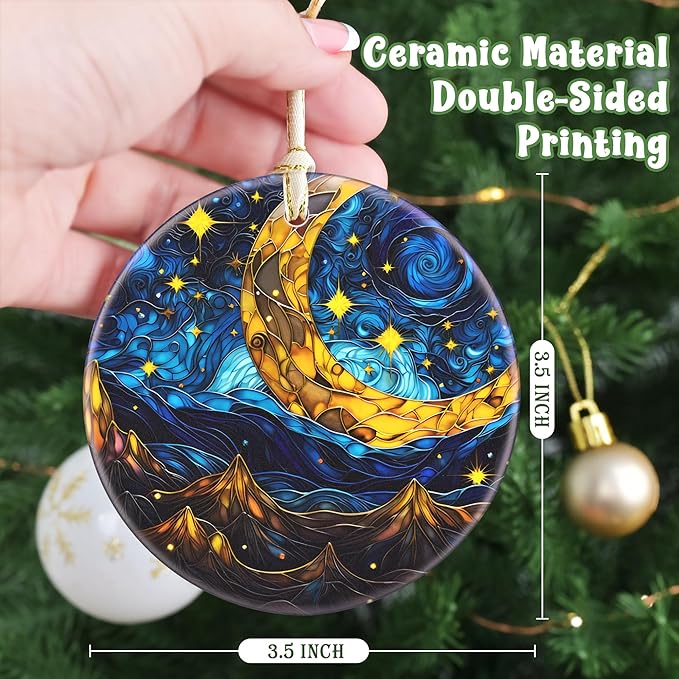 Christmas Ornament - 3.5 Inch Ceramic Hanging Decoration for Tree, Holiday Presents, Gift Exchange - Retro Moon Star
