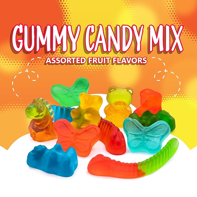 Gummy Candy Mix | 2 Pound Variety Pack | Gummy Worms, Bears, Butterflies, 3D Bears, 3D Dinosaurs | Assorted Fruit Flavors for Party Favors, Goody Bags, and Kids' Events