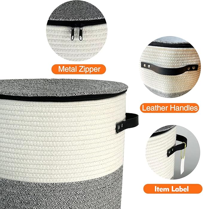 Cotton rope Storage Basket with Zipper cover & Woven baskets with Lid for Books, Blankets, hats, jackets，Multi-Purpose Storage Basket for Living Room,Christmas gifts. 14x13inches(Grey+White)