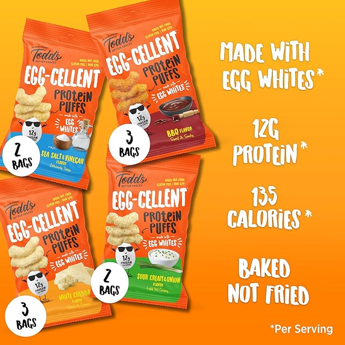 Todd's Better Snacks Egg-Cellent Protein Puffs, Variety Pack – 12g Protein, Gluten-Free, Paleo-Friendly, Baked, GLP-1 Compliant – Healthy Snack, Made with Egg Whites – 1.2 Oz (Pack of 10)