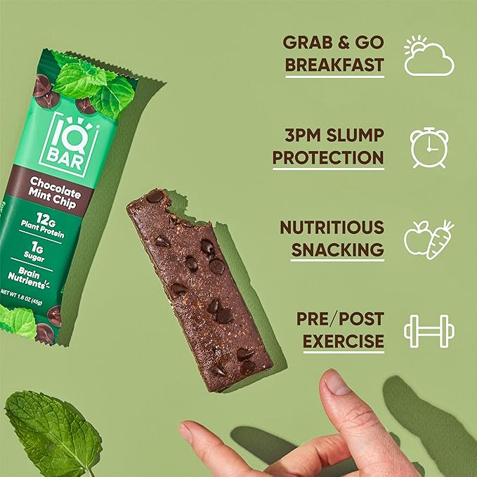 IQBAR Brain and Body Plant Protein Bars - Chocolate Mint Chip - 36-Count - Keto, Vegan, Low Carb, High Fiber, Gluten Free, Dairy Free, Low Sugar Snack with Nutrients for Focus, Energy, Meal Replacement