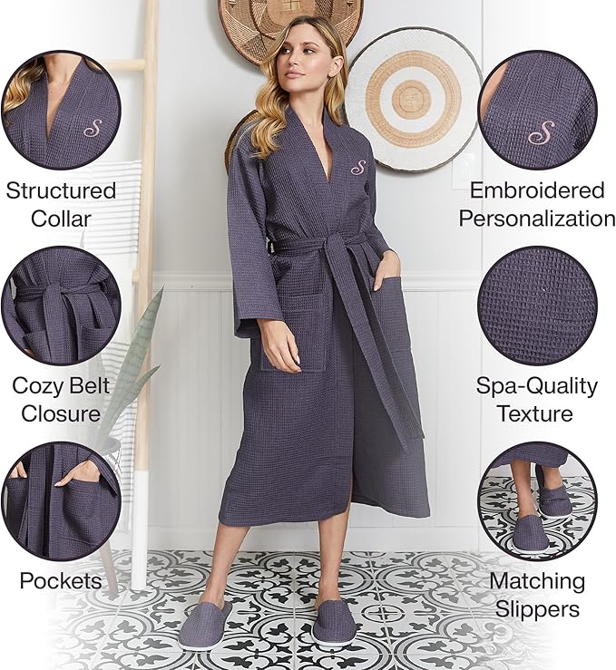 Lotus Linen Waffle Robes for Women - Lightweight Cotton Kimono Bathrobe - Long Soft Spa Bath Robe