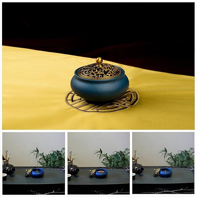 Ceramic Incense Burner Gift Set with Carved Metal Lid, Incense Holder, and Fireproof Cotton – for Stick, Cone, Coil, Sage & Frankincense – Elegant Home & Meditation Decor – Gift Boxed by SIKZU.(Blue)