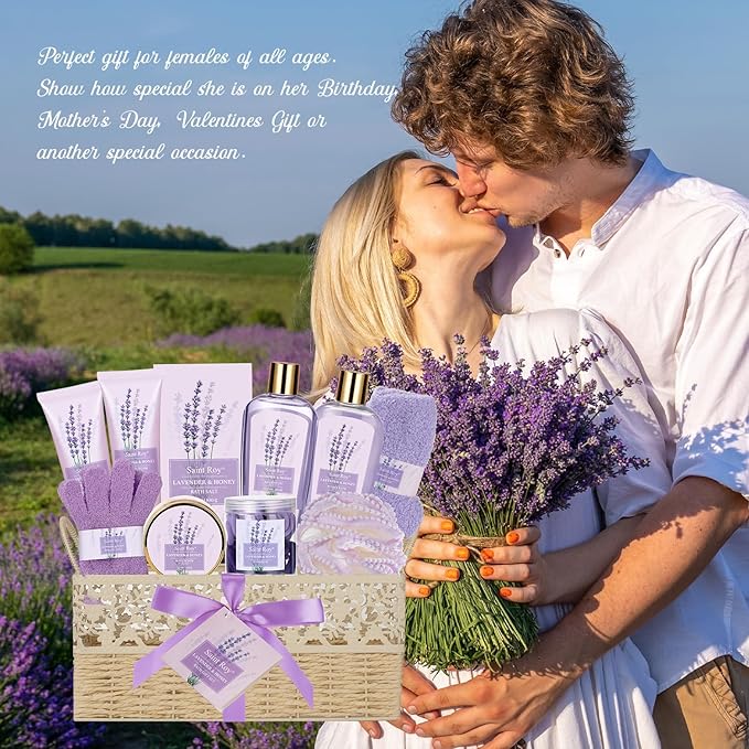 Bath and Body Gift Basket Set for Women - LAVENDER & HONEY Christmas Gifts for Women, Spa Large Beauty Personal Care Set, Home-spa Pampering Package for Mother day, Spa Bridal Shower Kit