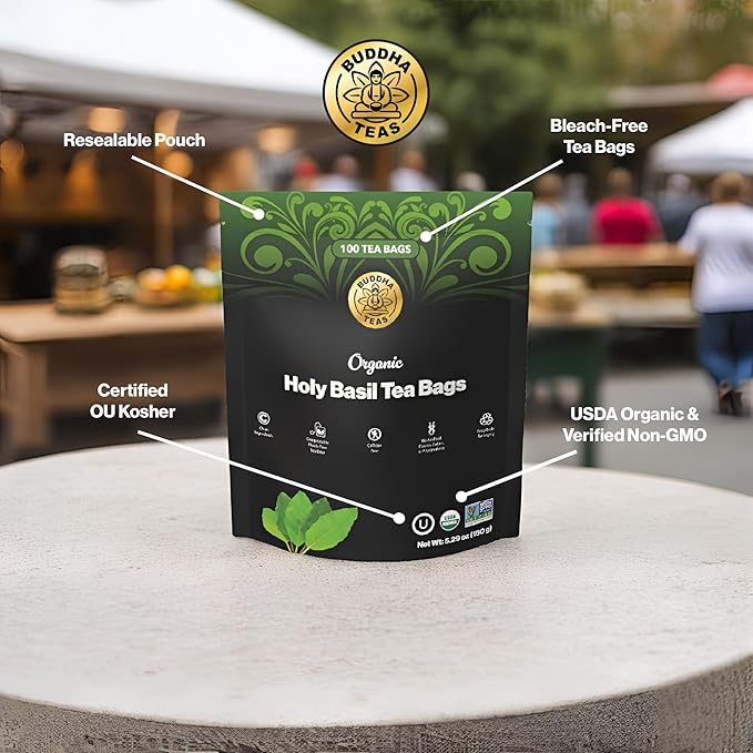 Buddha Teas - Organic Holy Basil Tea Bags - For Health & Wellbeing - Ayurvedic Tulsi - With Antioxidants - Clean Ingredients - Caffeine Free - OU Kosher & Non-GMO - 100 Non-String Tea Bags (Pack of 1)