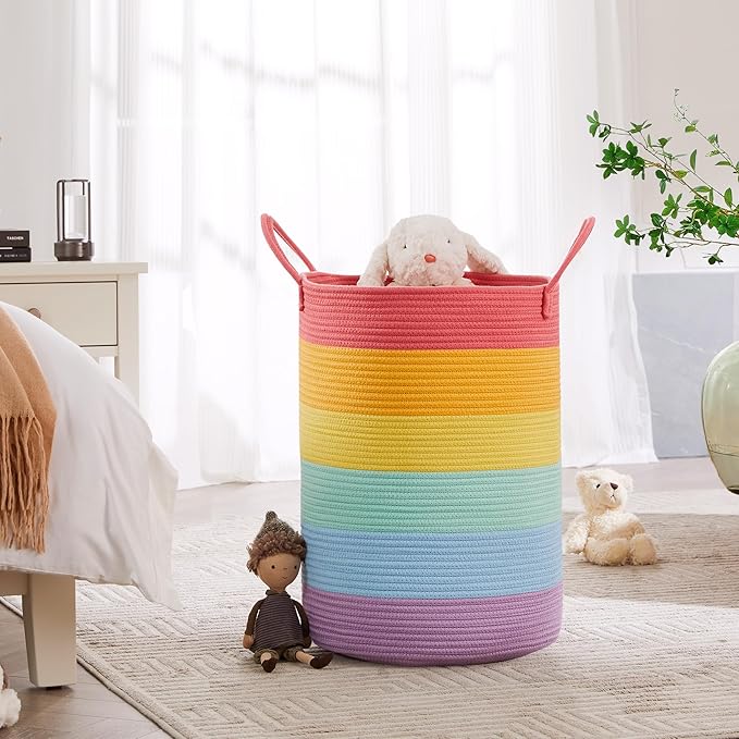 80L Extra Large Rainbow Laundry Hamper Basket for Girls Kids Tall Unicorn Baby Nursery Hamper for Clothes Woven Roper Blanket Toy Basket in Living Room Playroom Bedroom