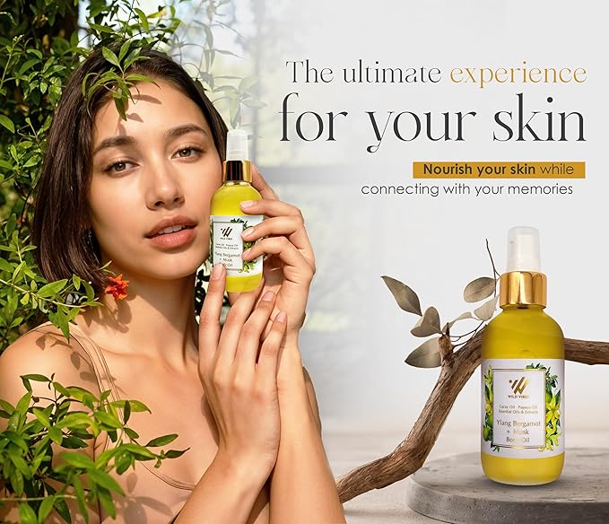 Wild Vibes Ylang Bergamot + Musk Luxury Body Oil – Organic, After Shower for Women with Tropical Oils, Anti-Aging and Hydrating Formula for Smooth, Radiant Skin – 4 oz