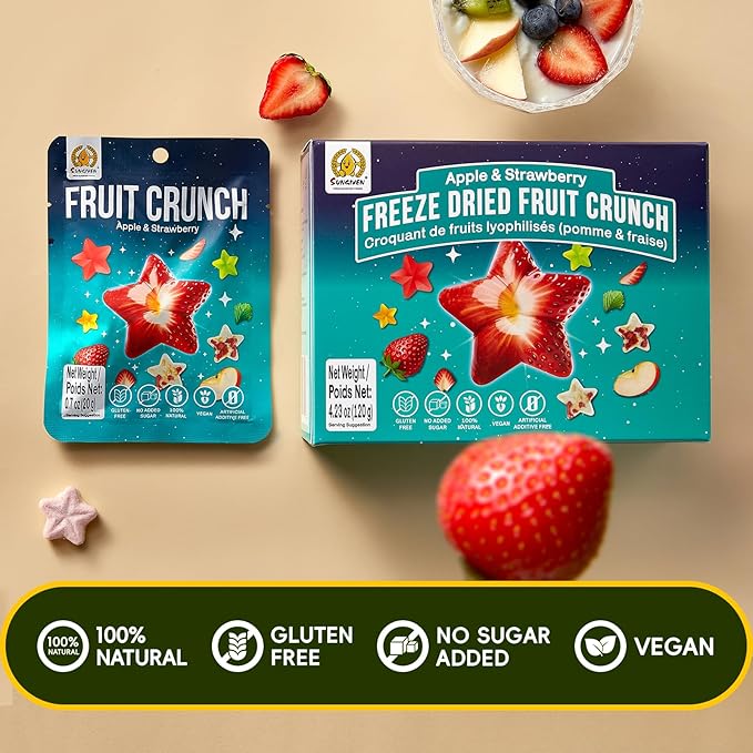 SUNGIVEN Freeze Dried Fruit Crisps Crunch Apple & Strawberry 6 Packs Gluten Free Made with Fruit Vegan Healthy Snacks Ready to Eat for Yogurt Dessert