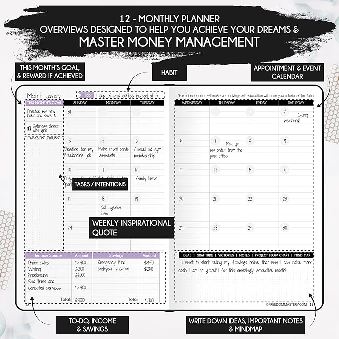 Budget Planner and Monthly Bill Organizer - Finance Planner, 12-Month Journey to Financial Freedom | Bill Payment Tracker Monthly Organizer, Money Saving & Expense Tracker | Undated Budgeting Journal