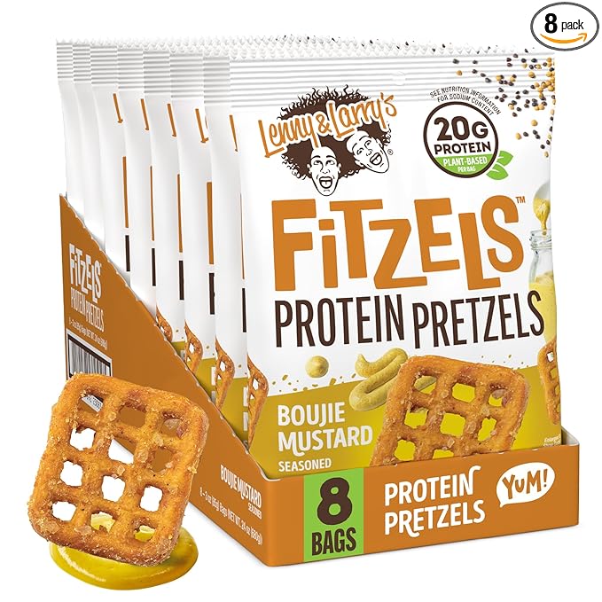 Lenny & Larry's Boujie Mustard FITZELS- Savory Pretzel Snacks Incredibly Tasty, High Protein, Salty, Vegan, 20 g's of Plant Based Protein 8 (eight) Bags, 3 oz Each