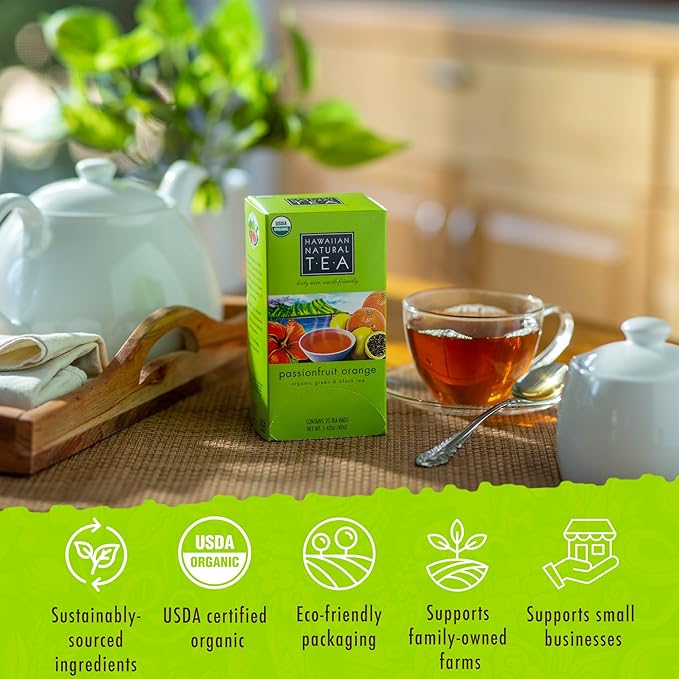 Hawaiian Natural Passion Fruit Orange Flavored Organic Tea - Tropical Fruit Green & Black Tea Blend, Perfect Daily Cup & Gift - 20 Bags