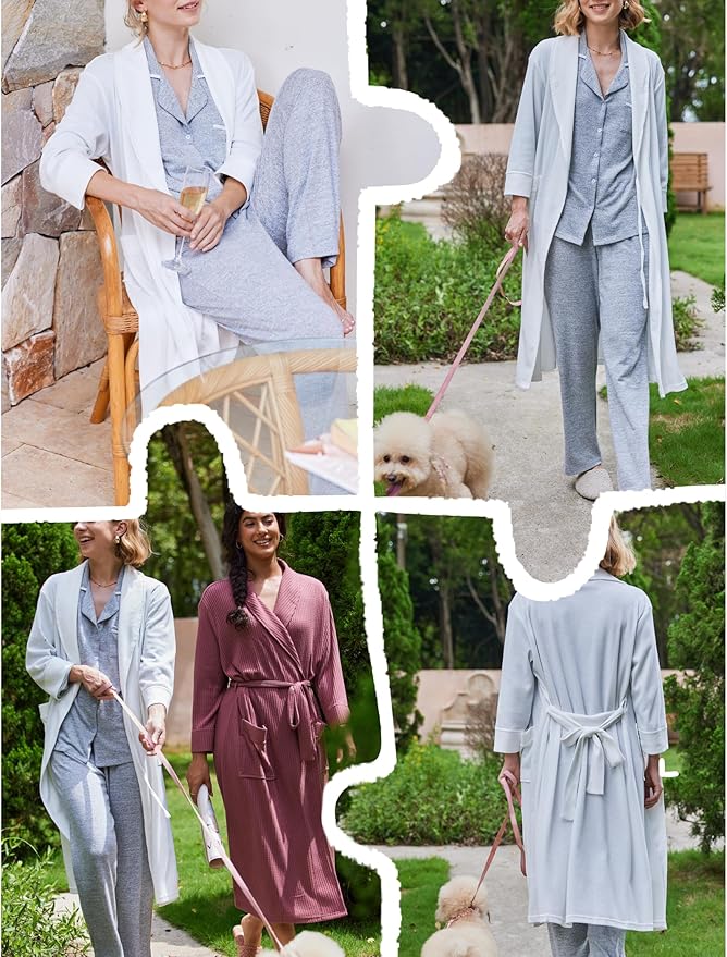 Ekouaer Robes for Women Long Waffle Knit Bathrobe Lightweight Kimono Robe Soft Shawl Collar Spa Robes with Pockets S-XXL