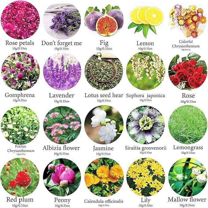 20 Bags Dried Flowers,100% Natural Dried Flowers Herbs Kit for Soap Making, DIY Candle Making,Bath - Include Rose Petals,Lavender,Don't Forget Me,Lilium,Jasmine,Rosebudsand More
