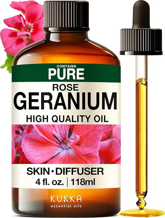 KUKKA Rose Geranium Essential Oils - 4 Fl Oz - for Hair, Skin, Diffuser, Aromatherapy & DIY Soap Making Scent