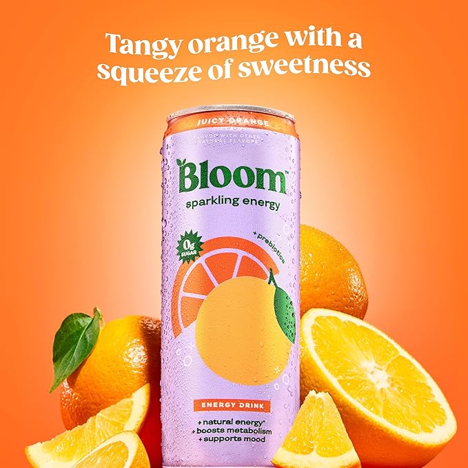 Bloom Nutrition Sparkling Energy Drink - Natural Caffeine, Zero Sugar, 180mg Caffeine - Antioxidant-Rich with Green Coffee Bean, Green Tea Extract, Prebiotics - Orange - 12oz 12 Pack