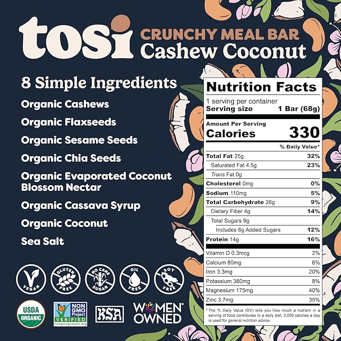 Tosi Cashew Coconut Protein Bars, Plant Based with Nuts, Gluten-Free Crunchy Snacks, Vegan, Organic, Flax & Chia Seeds, Soy-Free, Omega 3s, 14G Protein, 2.4 oz, 12-Pack