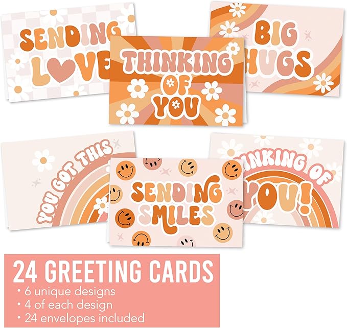 Hadley Designs Thinking of You Cards with Envelopes - 24 Hello Greeting Cards Thinking of You Card for Men & Women Bulk, Blank Encouragement Card for Kids, Just Because Cheerful Encouraging Notecards