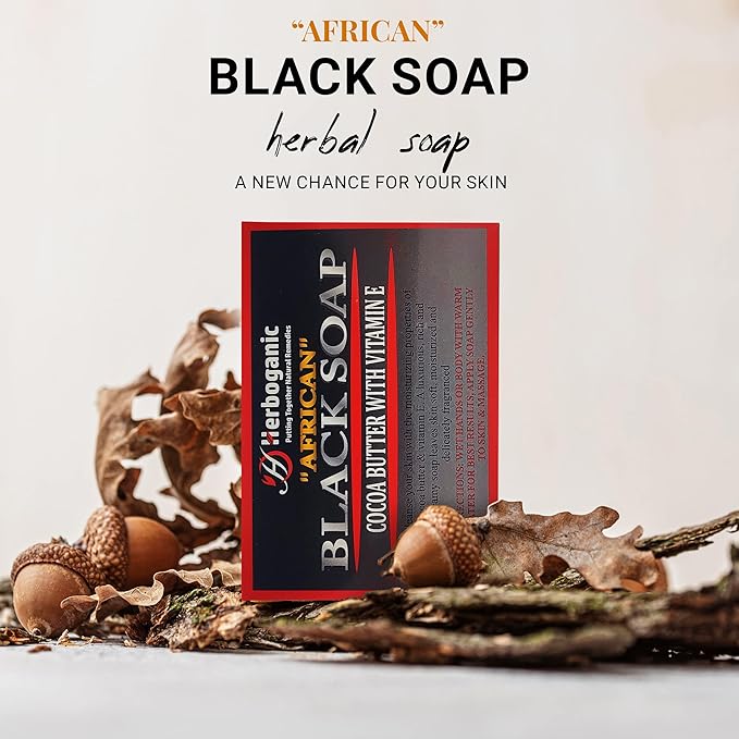 HERBOGANIC African black soap with cocoa butter and Vitamin E Herbal Soap | Pack of 6 of 5oz soap Bar | Ideal for Men and Women, Soothing and Nourishing Soap for Moisturization