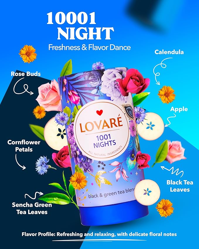 LOVARE 1001 Nights Loose Leaf Tea 80 g - Made in Ukraine - Black and Green Tea, Apple, Cornflower, Calendula, Rose, Safflower Petals, Rosebuds - Gift Box with 15 Paper Filters