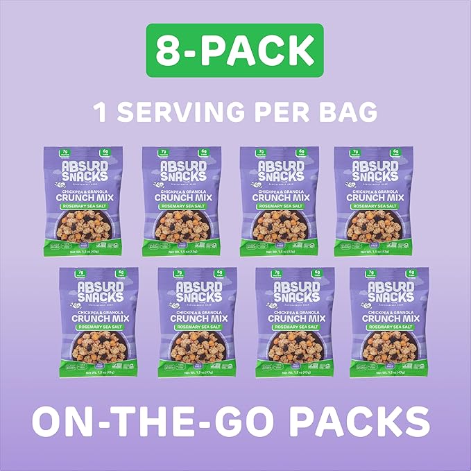 Absurd Snacks Chickpea & Granola Crunch Mix, Rosemary Sea Salt, Nut-Free, Gluten-Free, Plant-Based, Good Source of Protein & Fiber, Top-9 Allergen Free Snack Mix - 8-Pack (1.5 ounce, 8 servings)