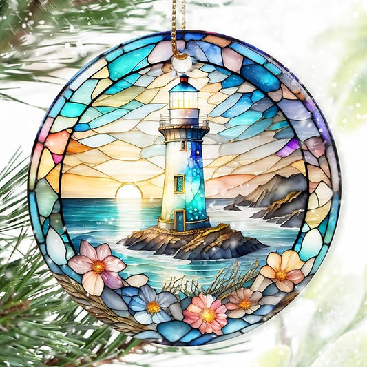 Colorful Ceramic Lighthouse Christmas Ornament for Tree, Holiday Decorations, Christmas Decor, Lighthouse Lovers Gifts, Ornament Gift Ideas