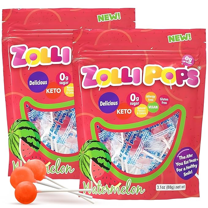 Zollipops Clean Teeth Pops Sugar Free Candy with Xylitol, Dye-Free Lollipops - Keto & Diabetic-Friendly, Dentist-Approved Treats for Kids (Watermelon 3.1 oz, Pack of 2)