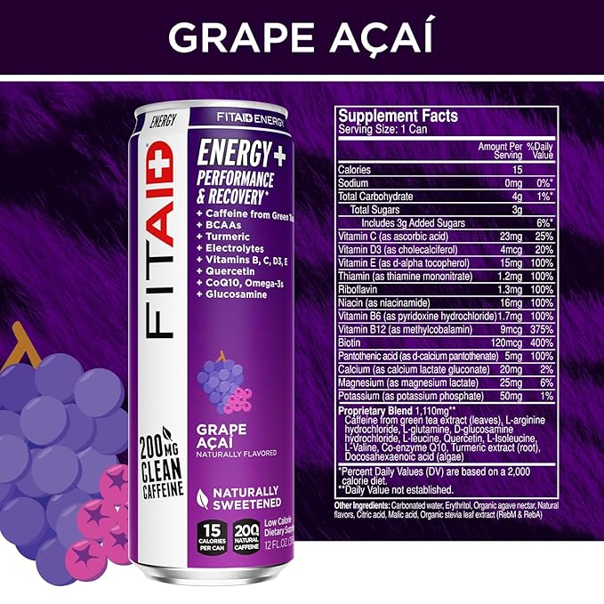 LIFEAID FITAID Energy Grape AÇAI, 200mg Natural Caffeine, Keto, Pre-Workout Performance: BCAAs, Quercetin, Electrolytes, Omega-3s, 15 Calories, Paleo, Vegan & Gluten-Free,12-oz (Pack of 24)