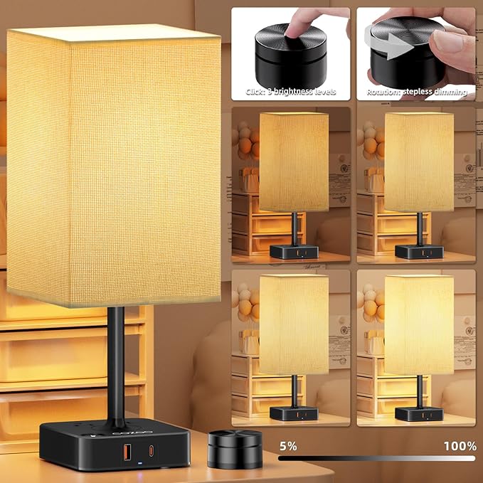 Bedside Lamp with Remote Control & Dimmable Light, 2 AC Outlets + USB-C/USB-A Charging Ports, Beige Shade Nightstand Table Desk Lamp for Bedroom, Living Room, Home Office Decor | College Essentials