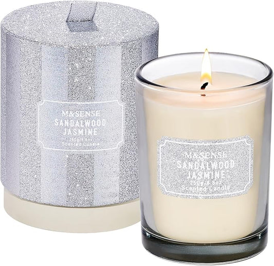 M&SENSE Sandalwood Jasmine Scented Candles, Classic Size 8.8 oz Glitter Jar, Holiday Natural Candles Gifts for Women, 50 Hours Long Burning for Winter Home Decor