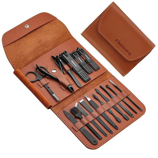 FAMILIFE Gifts for Men, Manicure Set Clippers Manicure Kit Nail Clipper Sets 16pcs Mens Grooming Kits Professional Stainless Steel Nail Kit Brown Leather Case Travel Kits