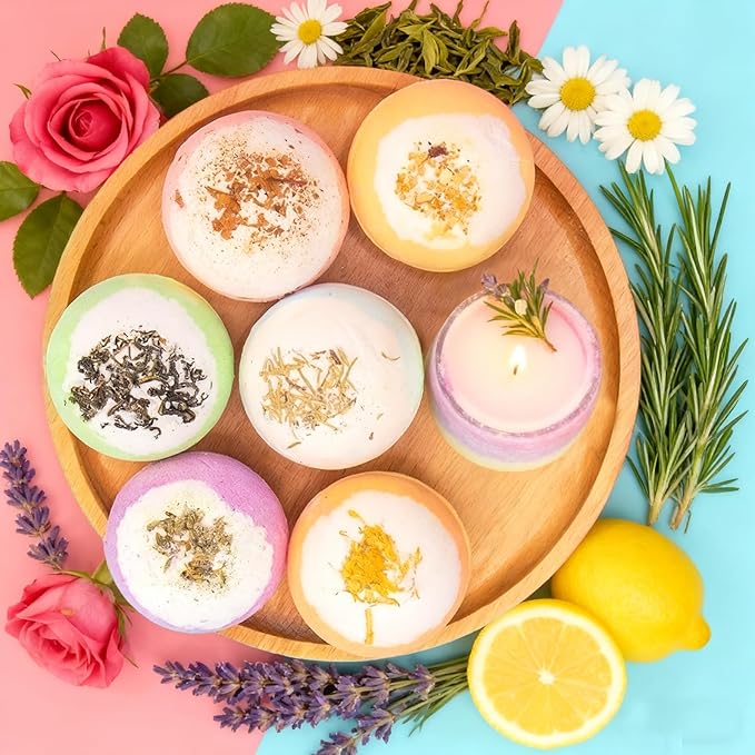 Bath Bombs Gift Set, Natural Floral Bath Bombs, Lavender, Rose, Lemon Aromatherapy, Wife or Girls Birthday Gift Ideas Gift Preferred